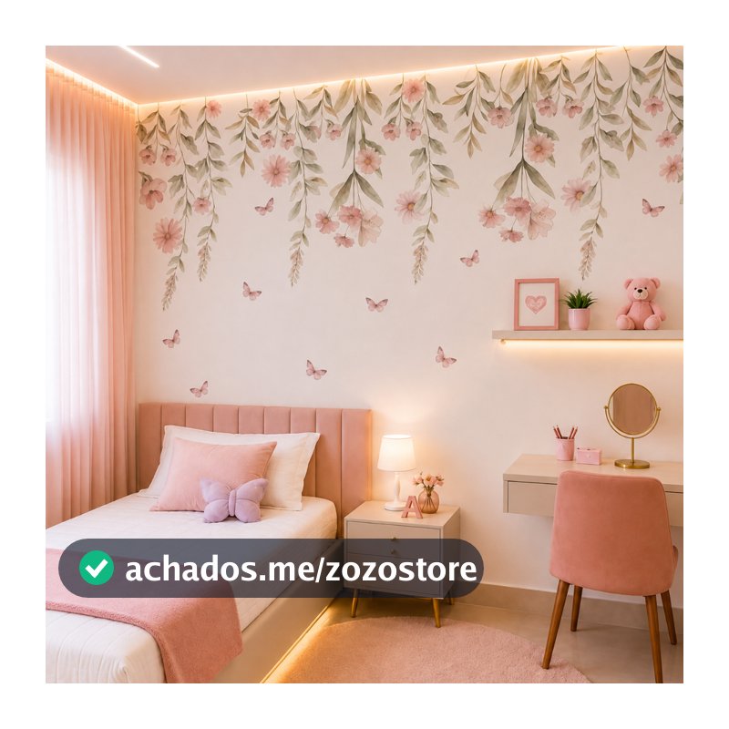 Adesivo de Parede Infantil Flores Borboletas Aquarela Jardim Encantado Quarto Menina Decoração