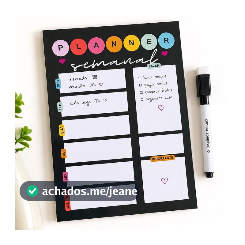 Planner Semanal Imã de Geladeira Magnético Reutilizável com Caneta Planejamento Semanal