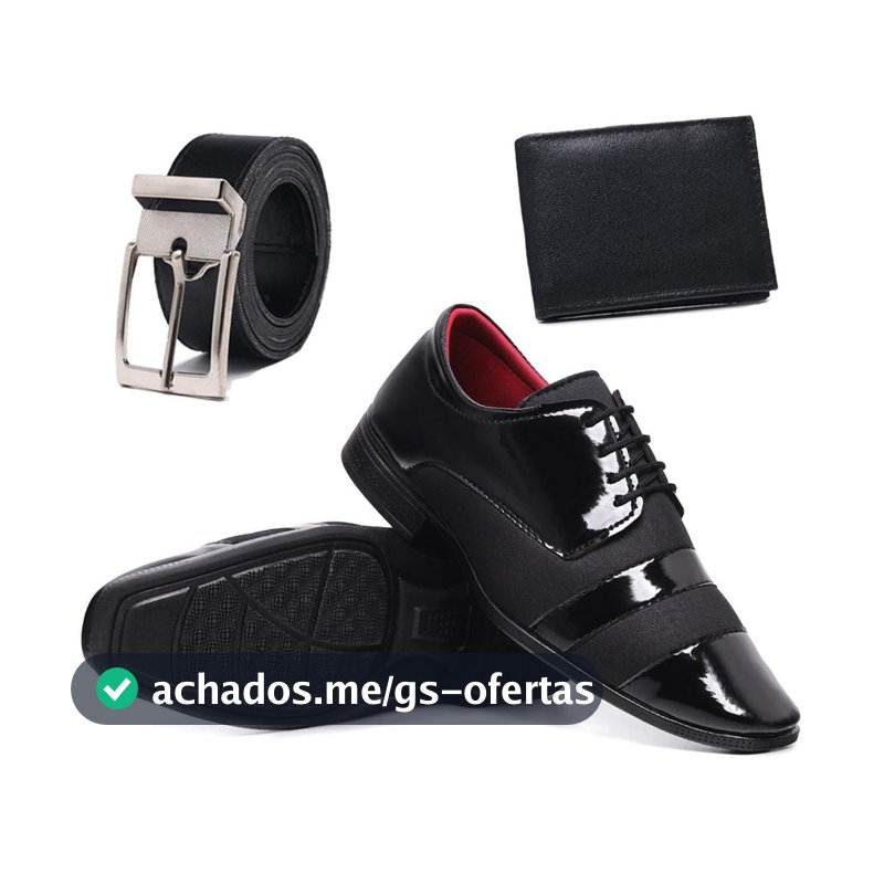 Sapato Social Masculino Preto Verniz de Amarrar Carteira e Cinto