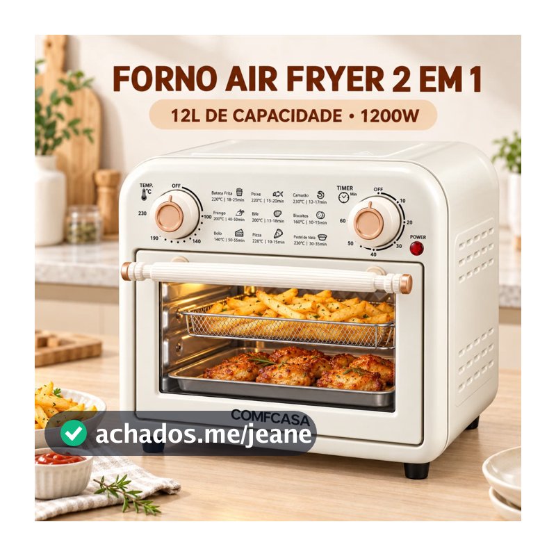 Forno Elétrico Air Fryer 12L 1200W 3 em 1 com Timer 60 Min COMFCASA