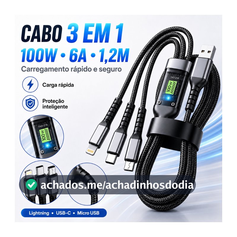 Cabo De Carregador 3 Em 1 100W 6A Tipo C Lightning Micro USB Carga Rápida Liga De Zinco 1,2M