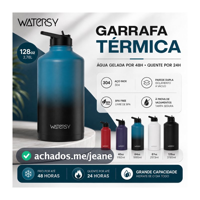 Watersy Garrafa Térmica 128oz/3,78L Inox 304 com Canudo Anti Vazamento para Esporte Viagem Camping