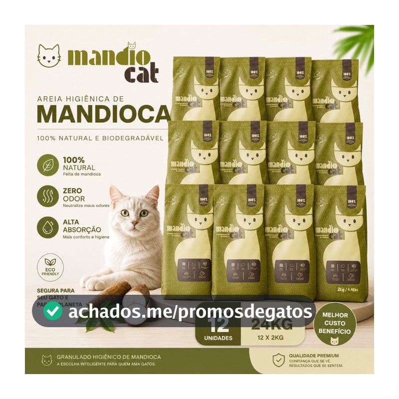 Areia Gato 100% Mandioca - Mandio Cat | Zero Odor, Alta Absorção e Torrões Firmes 24kg