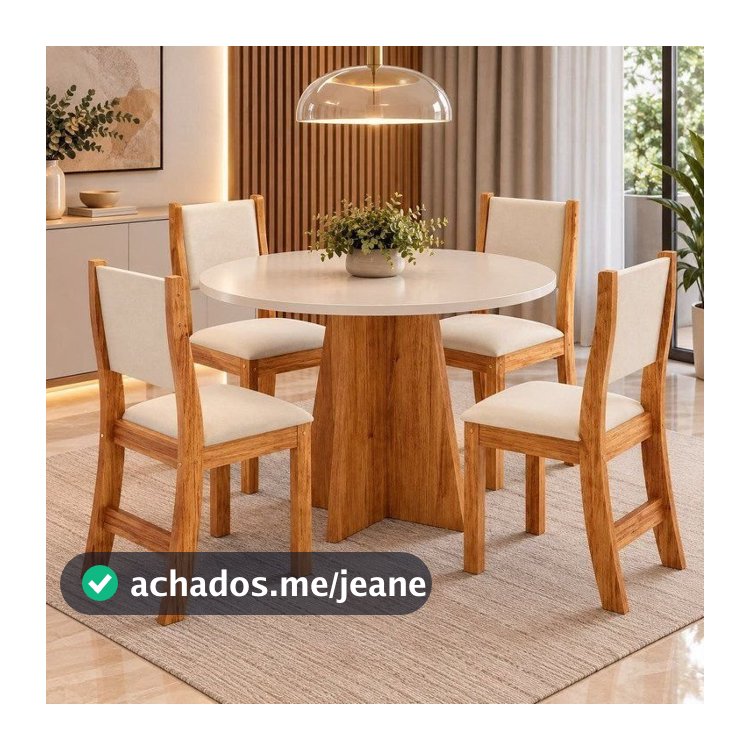 Conjunto Sala de Jantar Mesa Chilli 90cm Tampo Redondo com 4 Cadeiras Sol Bege/Mel/Blonde Mel/Blonde/Bege