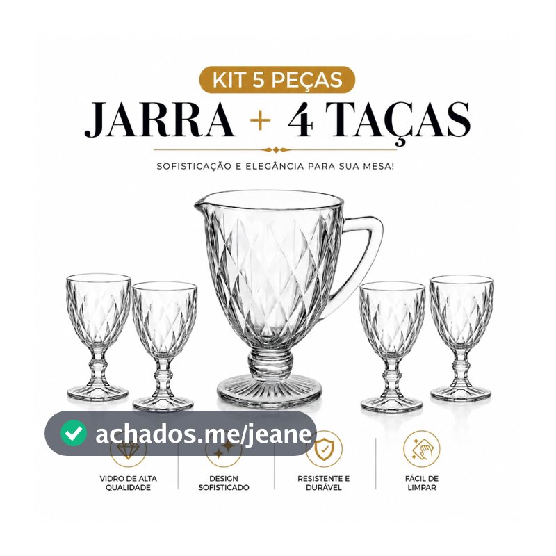 Conjunto Jarra de Vidro Diamond Bela Flor 1,2L + 4 Taças 330ml Cristal Ecológico