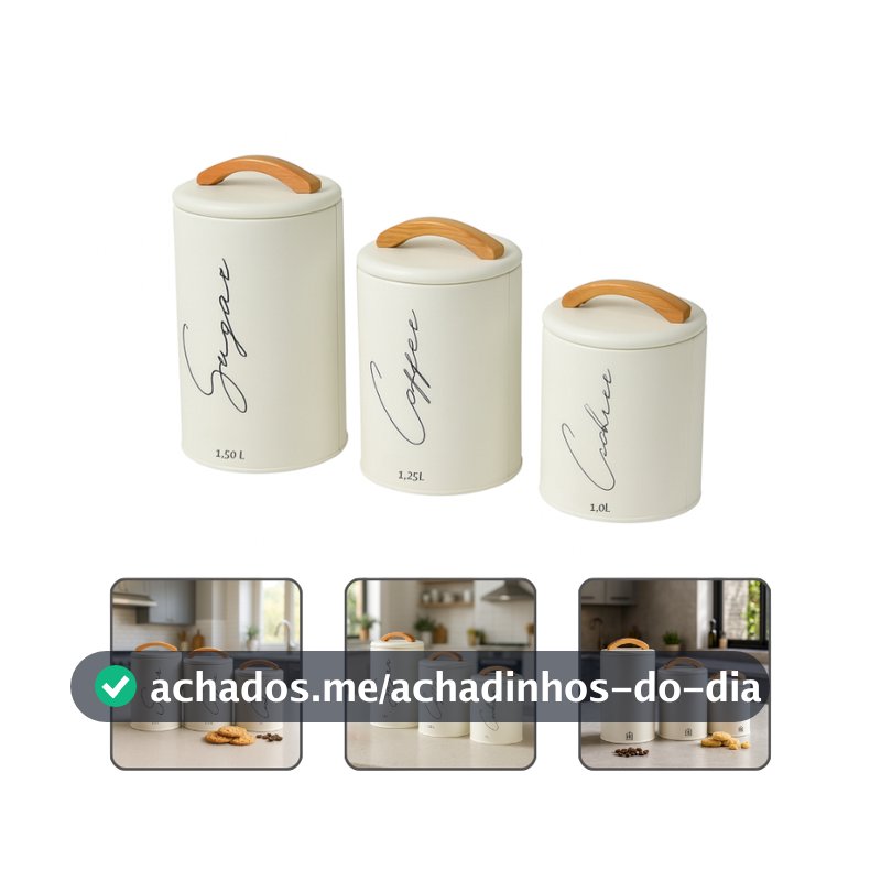 Kit 3 Potes Herméticos Mantimentos Lata Com Tampa E Alça Em Bambu Açúcar Café E Cookies