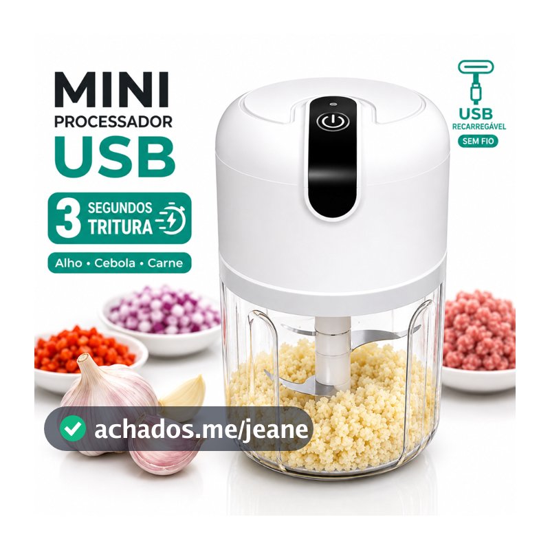 Triturador Elétrico USB Recarregável Mini Processador 250ml para Alho Carne Legumes e Temperos 3 Lâminas