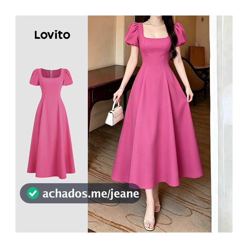 Lovito Vestido Casual de Manga Bufante Primavera/verão Vermelho Rosado para mulheres LK7ED103