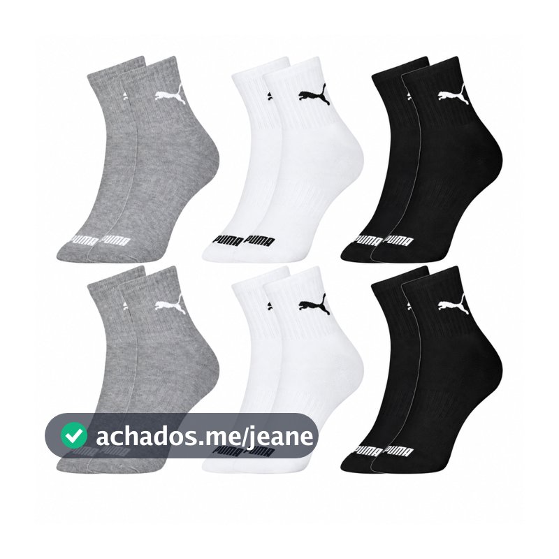 Kit com 6 Pares Meias Puma Cano Médio Alto Algodão Meia Adulto Masculino Feminino Esportiva Original