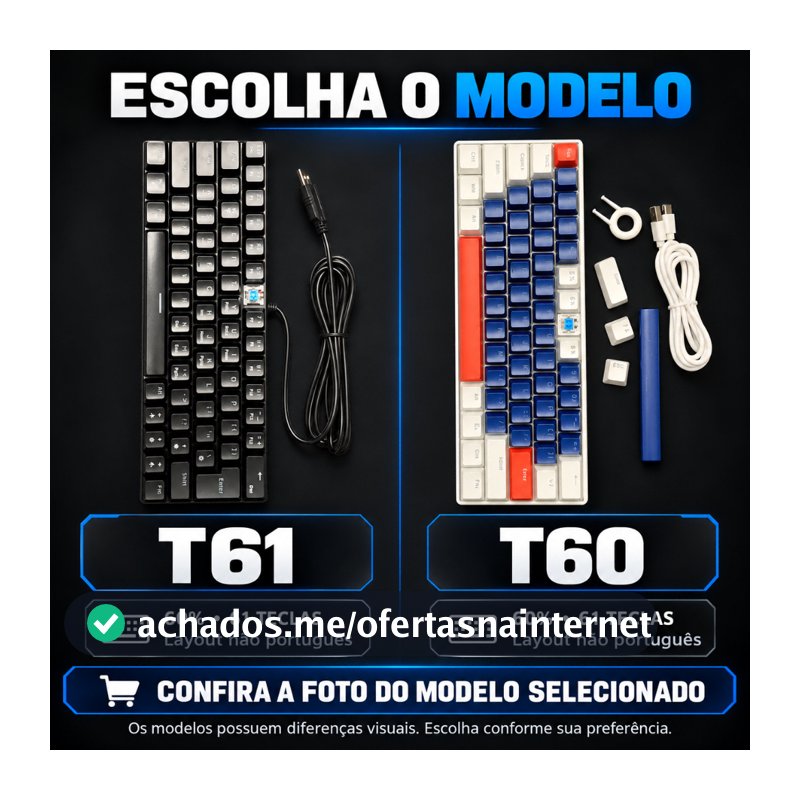 Teclado Mecânico Gamer FY T61 e T60  60% 61 Teclas Switch Azul Com Fio para PC Notebook
