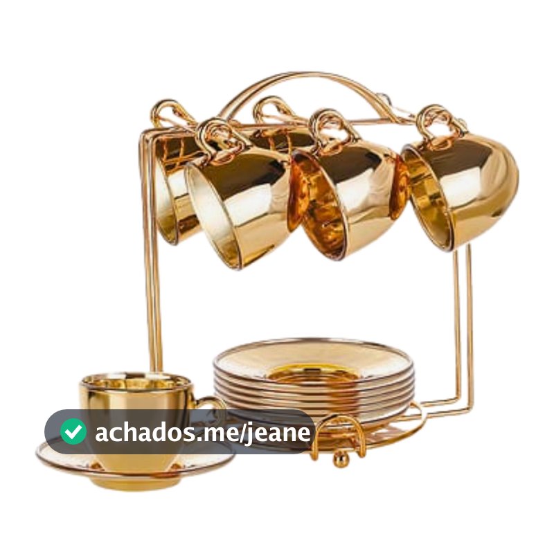 6 Xicaras Café Com Pires 85ml Vidro Dourado Com Suporte