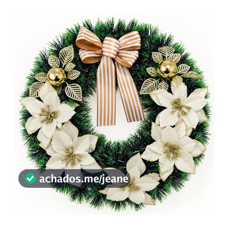 Guirlanda Natalina Decorada Dourada 38cm Com Flores Bola Laço Enfeite de Natal