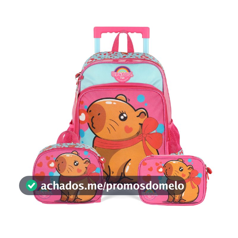 Kit Mochila Roda Capivara Pink com Lancheira e Estojo Box