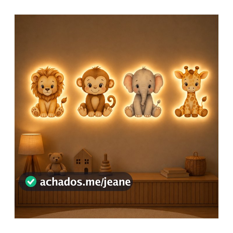 Kit Safari Infantil Iluminado LED Parede Com 4 Peças