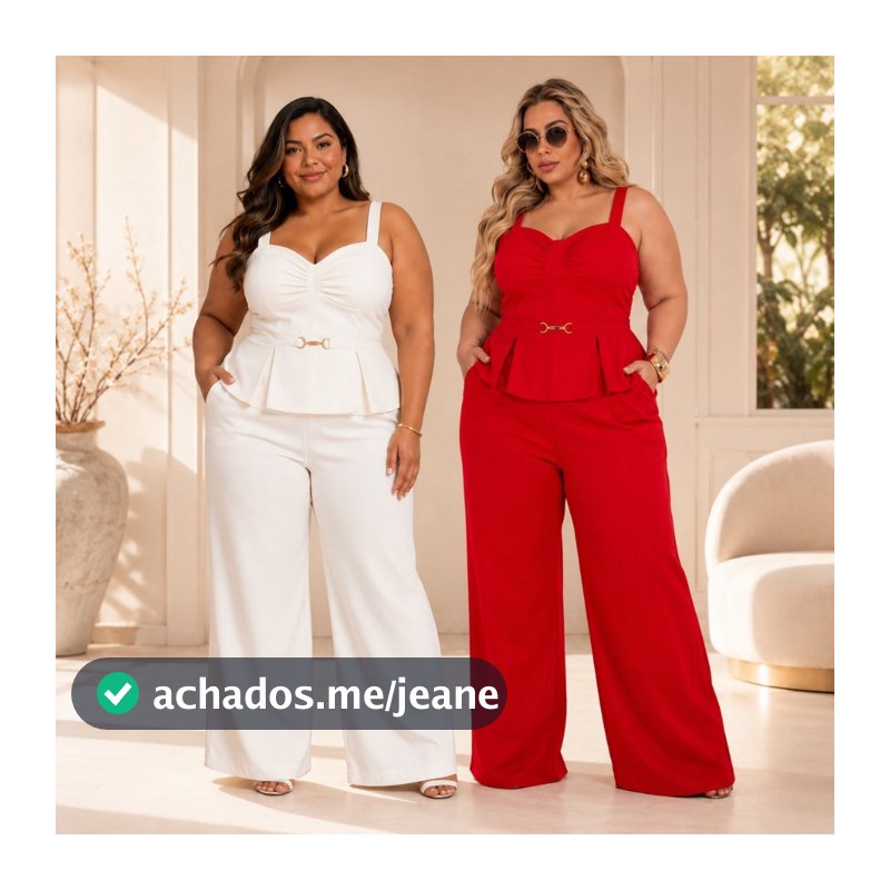 Conjunto Feminino Plus Size blusa com Alça Reguláveis Calça Pantalona