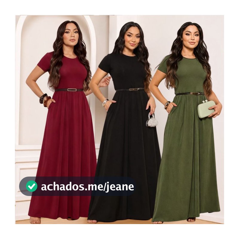 Vestido Longo Feminino em Malha Viscolycra com Bolso e Cinto de Brinde