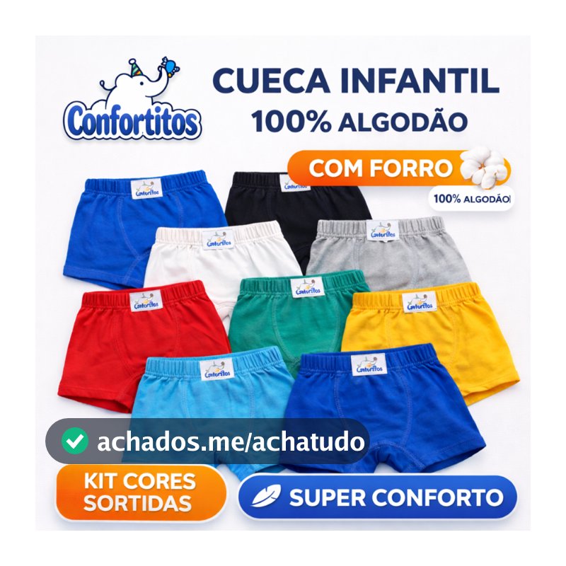 Kit Cuecas Infantis Box Menino 100% Algodão com Forro Confortável Macia Respirável Cores Sortidas