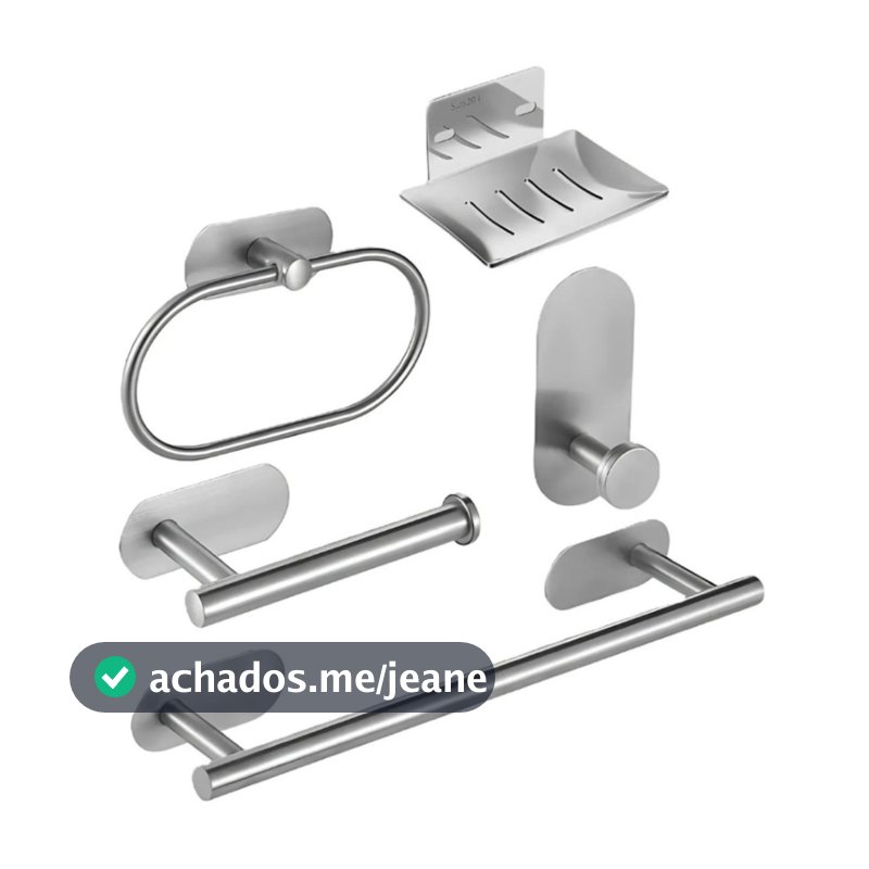 Kit Acessórios Banheiro Inox Autoadesivo Com 5 Peças Suporte Porta Toalha Sabonete Papel Higienico