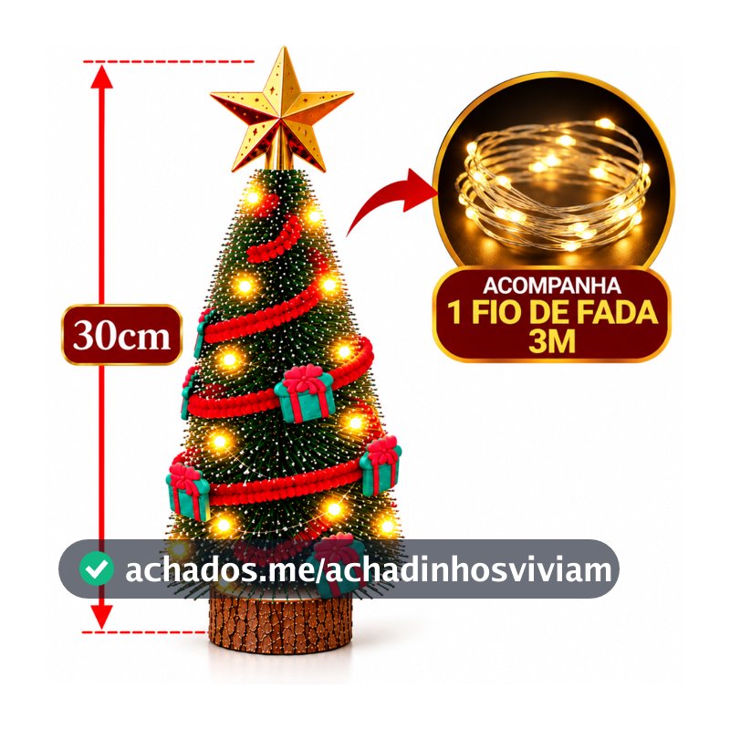 Mini Árvores de Natal Decorada com Bolinhas ou Presentes + fio fada decoração natalina