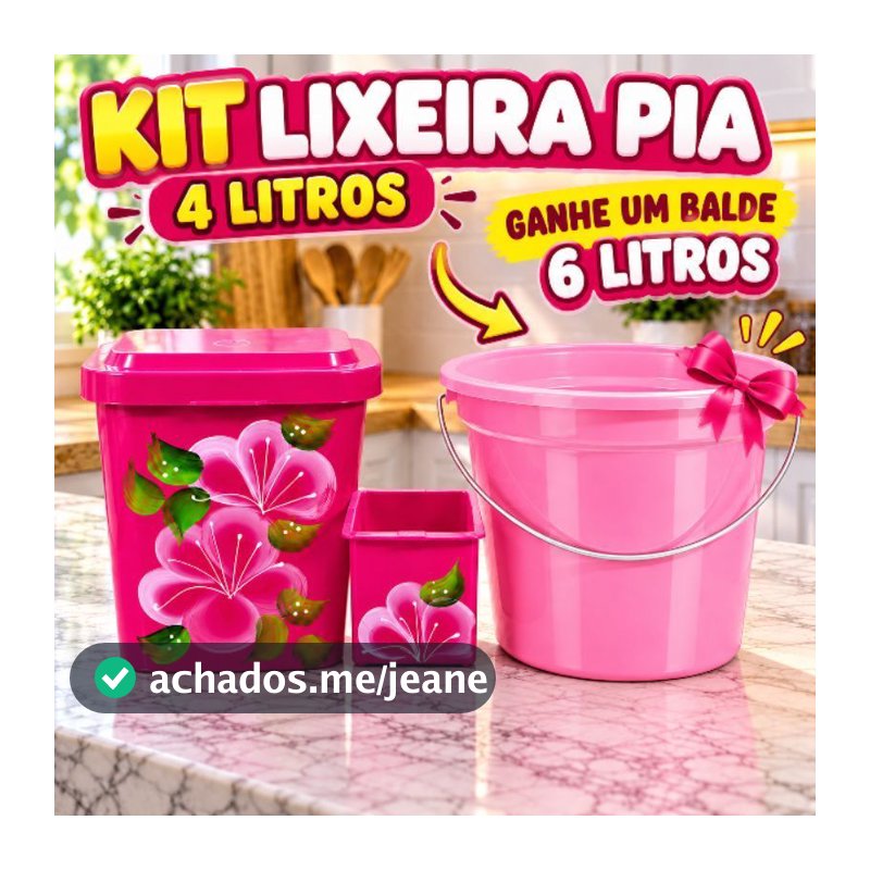 Kit Pia 3 peças lixeira 4L + Balde 6L Grátis | Lixeira Plástica Cozinha Banheiro Utensílios Rosa Claro