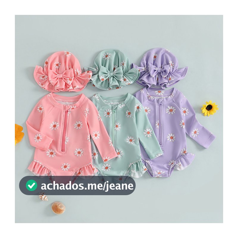 Biquíni Com Zíper E Estampa Floral De Manga Comprida Para Bebês Meninas Chapéu Roupa De Banho Recém-Nascidos