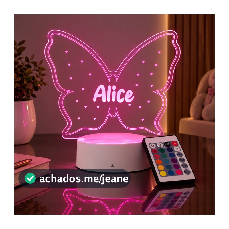 Luminária Borboleta Personalizada Nome LED 16 Cores Infantil Decoração Quarto Bebê Presente Batizado