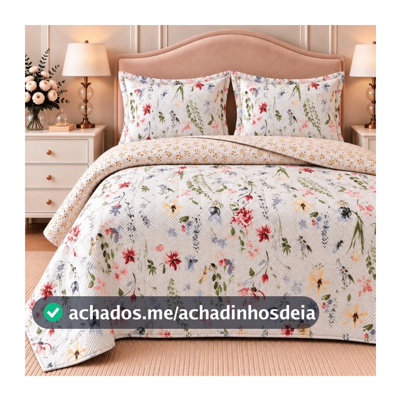 Kit Colcha Cobre Leito Casal Queen King Dupla Face Floral Estampada Matelada Boutis Super Macia