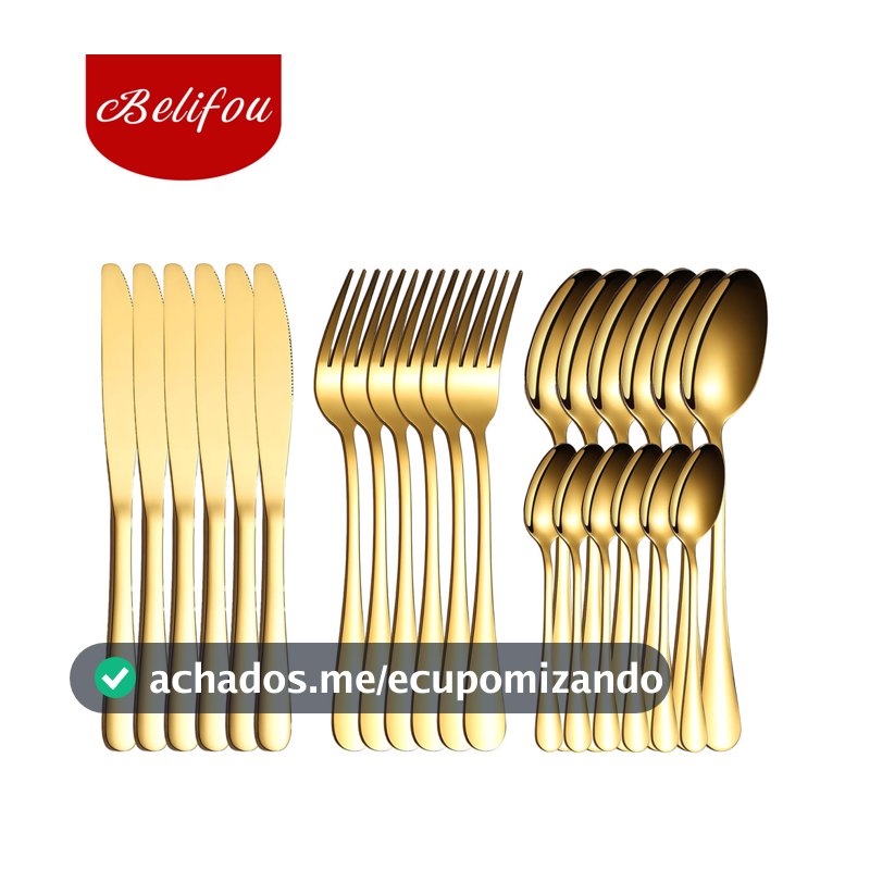 Belifou Kit 24 Jogo De Talheres Para Bife Aço Inoxidável Dourados Com Colher Pequena