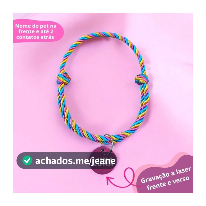 Coleira colar de cordas trançadas ajustável com plaquinha de identificação para cachorro e gato