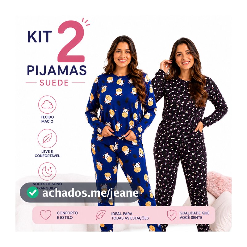 KIT 2 Pijamas De Frio De SUEDE  BLUSA LONGA+CALÇA AVELUDADA . ESTAMPAS VARIADAS