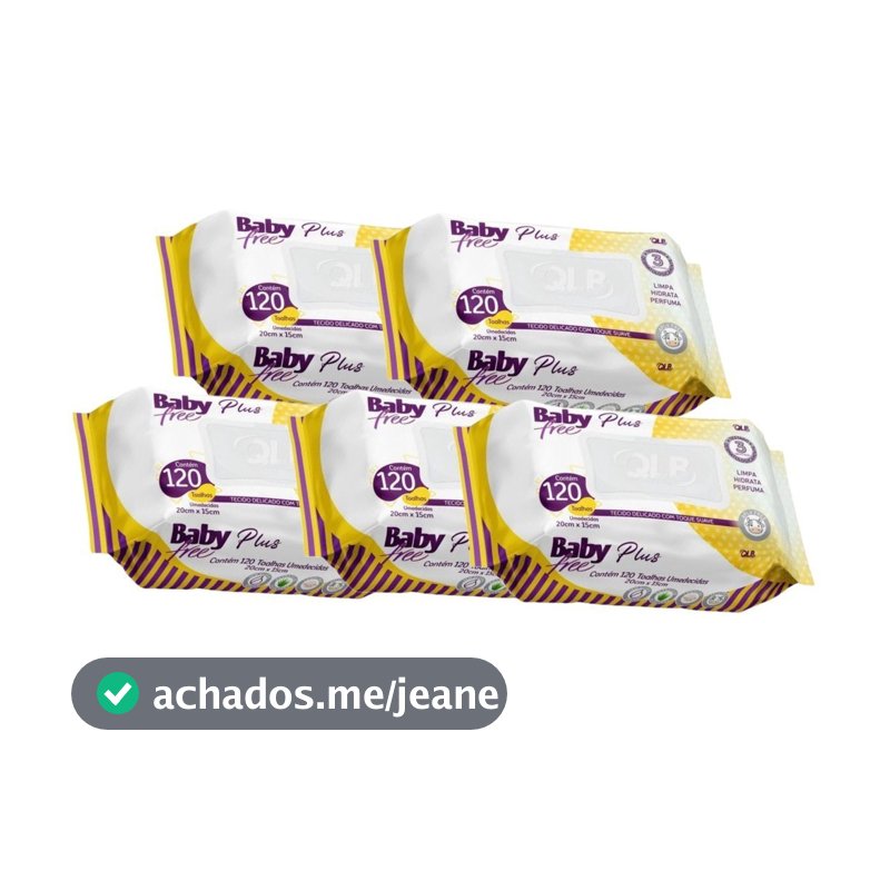 Kit 5 Lenços Umedecidos Baby Free Plus – 120 Unidades Cada | Toalhas Macias e Sem Álcool