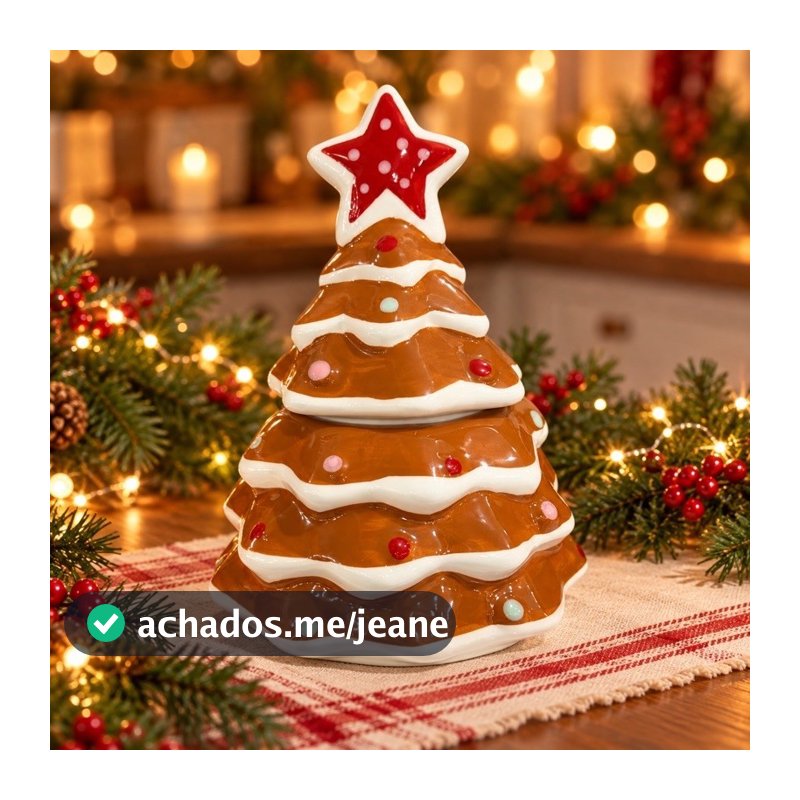 Porta Biscoitos Natalino Árvore de Natal em Cerâmica com Tampa Pote Decorativo para Doces