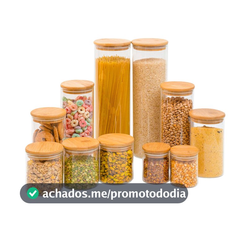 Kit 11 potes de vidro com tampa de bambu herméticos redondos - Tüd