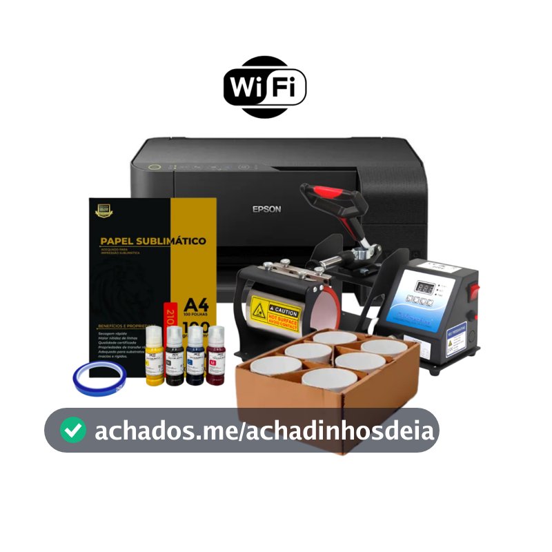 Kit Sublimação de Caneca Prensa de Caneca + Impressora Wi-fi + Tintas Sublimática + Papel + Fita + 6 Canecas