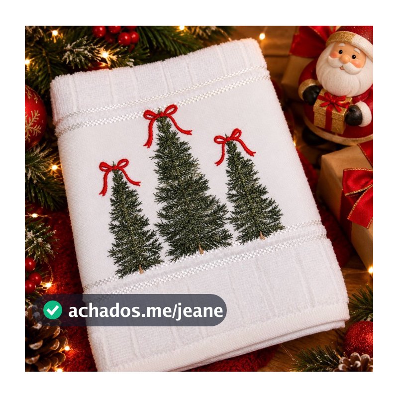 Toalha Bordada Árvore de Natal, Guirlanda e Meia de Natal Bordadas - ideal para decoração e presente - lavabo ou rosto