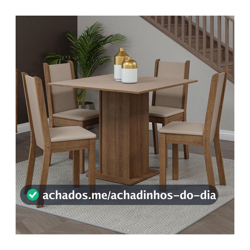 Conjunto Sala de Jantar Mesa Tampo de Madeira 4 Cadeiras Rustic/Crema/Sintético Bege Briana Madesa