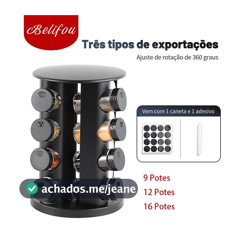 Belifou Porta Tempero Giratorio Com 9/12/16 Potes Vidro Suporte Para Especiarias Giratório 360 Graus