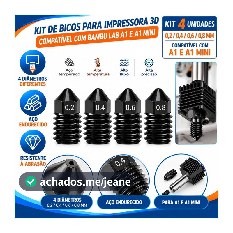 Kit 4 Bicos para Impressora 3D Compatíveis com Bambu Lab A1 e A1 Mini 0.2 0.4 0.6 0.8mm Aço Endurecido