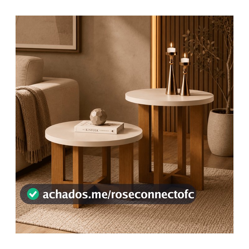 Conjunto com 1 Mesa Lateral e 1 Mesa De Centro Redonda Madeira Estilo Retrô Sala De Estar Decoração
