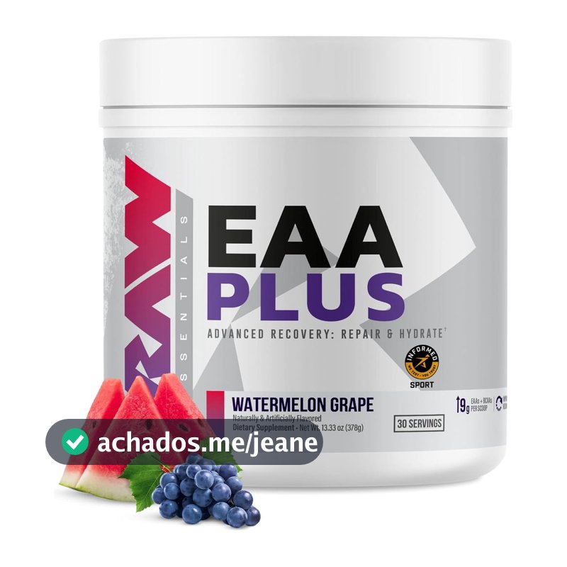 RAW EAA Plus, Pó de Aminoácidos, Sabor Melancia e Uva (30 Porções) - Pó de Aminoácidos Pré-Treino para Resistência Avanç