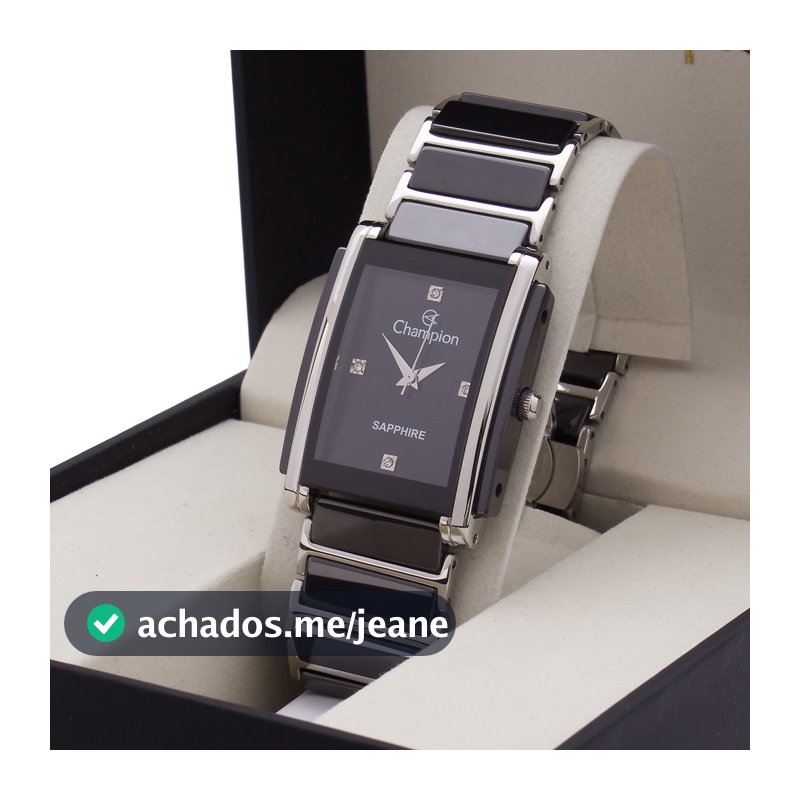 Relógio Ceramica Champion Preto com Prata Luxo Vidro Safira Original CA21857T