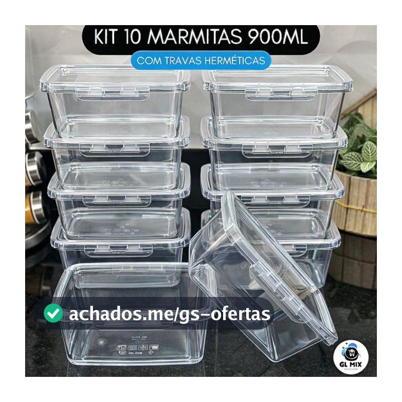 Kit 10 Marmitas com Travas 900ml BPAFREE Pote Plástico Freezer Microondas Fitness Refeição Alimento