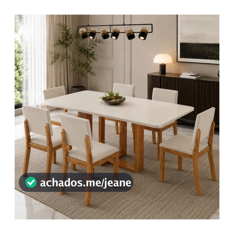 Sala de Jantar Lenory 6 Mesa 1,60m Tampo Madeira Com 6 Cadeiras Estofadas em Veludo