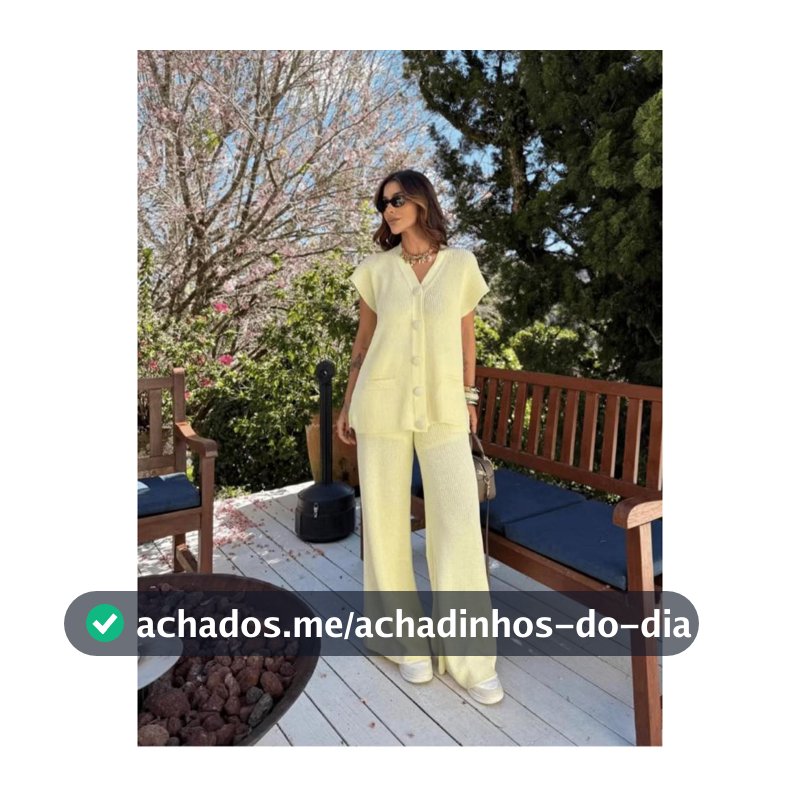 Conjunto Feminino Tricot Calça Pantalona e Max Colete Blusa Regata com Botões Kimono Tendência