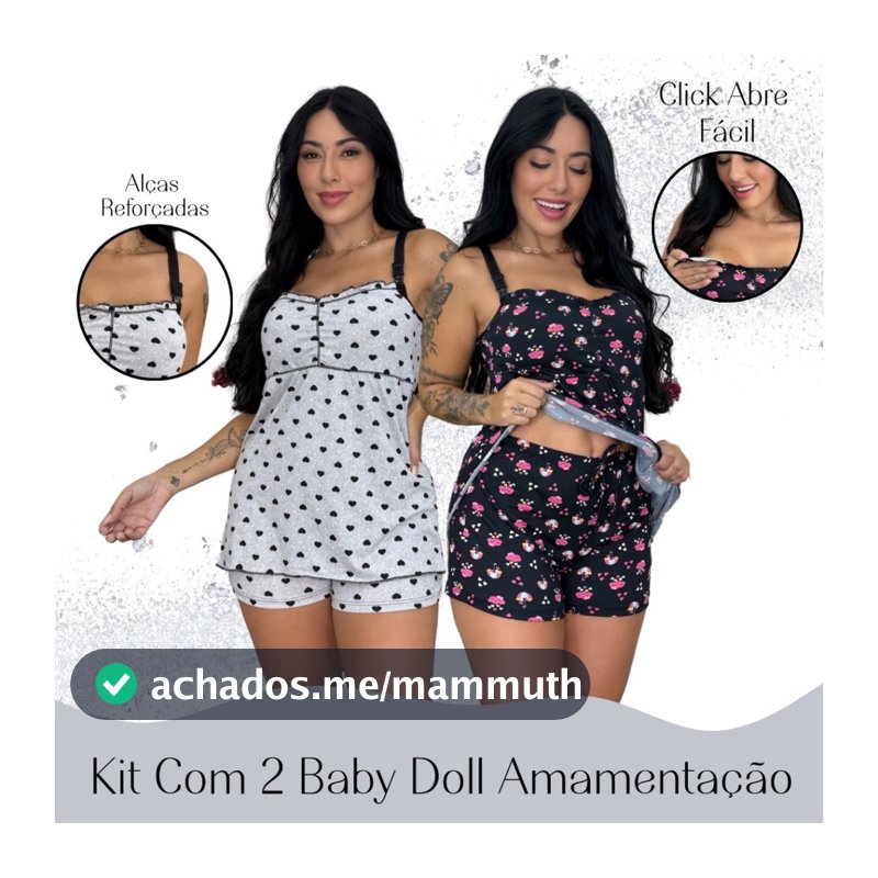 kit 2 Baby Doll Amamentação Gestante Confortável Click Abertura Seguro lactante