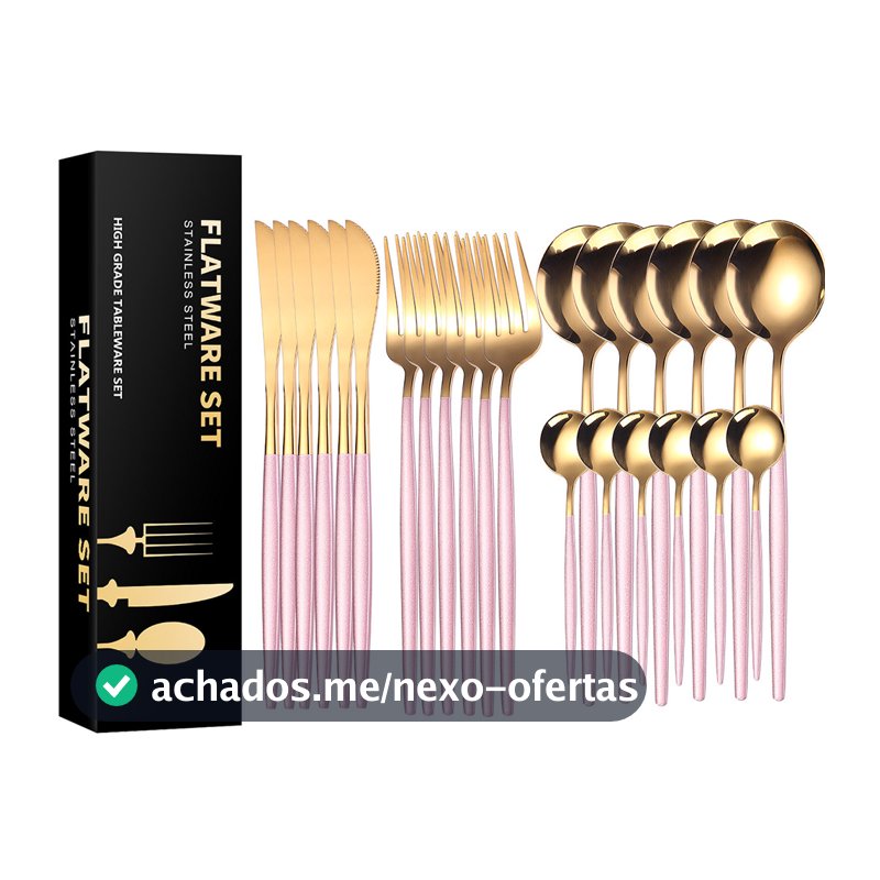 Kit 24 Peças Jogo De Talheres Rosa Dourados Aço Inoxidável 416