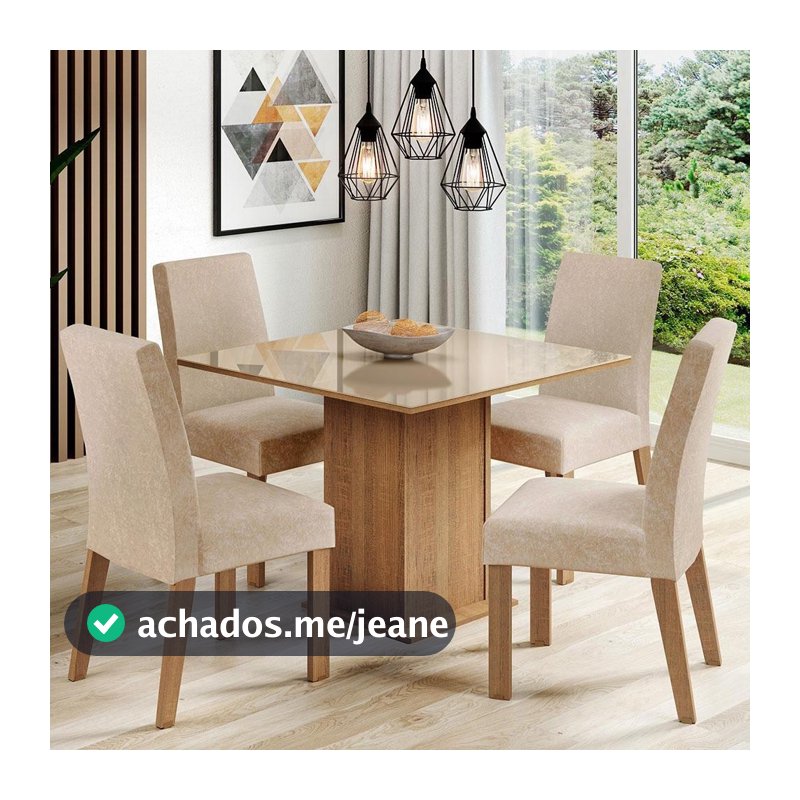 Conjunto Sala de Jantar Mesa Tampo de Vidro com 4 Cadeiras Rustic/Crema/Imperial Madesa Evelin