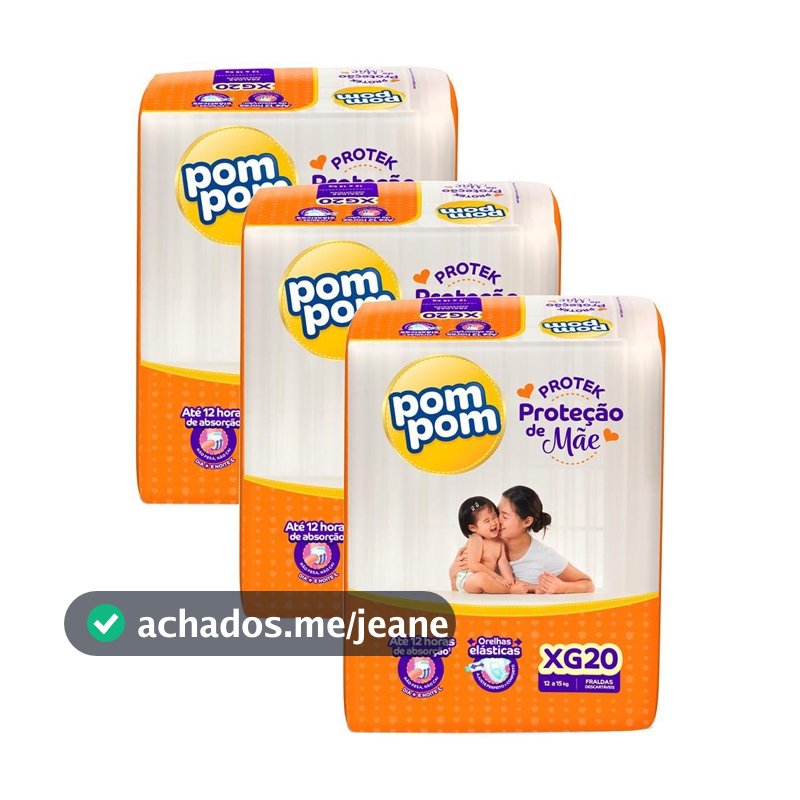 Kit 3 Fraldas Pom Pom Protek Proteção de Mãe Jumbo XG com 20un cada