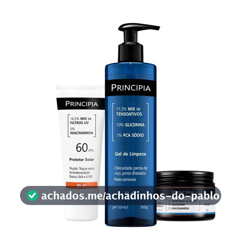Principia Kit Completo Peles Sensíveis c/ Gel de Limpeza GL-02 + Creme Hidratante CH-01 + Protetor Solar PS-01 FPS 60