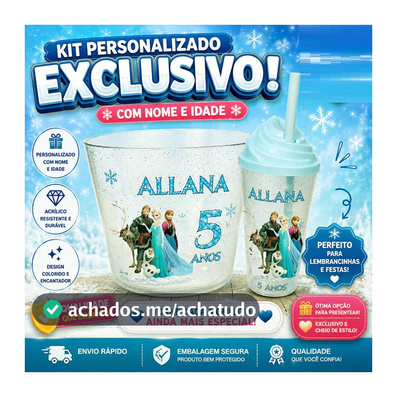 KIT Copos 300ml com Tampas e Baldes Pipoca 1,5l Personalizados Frozen